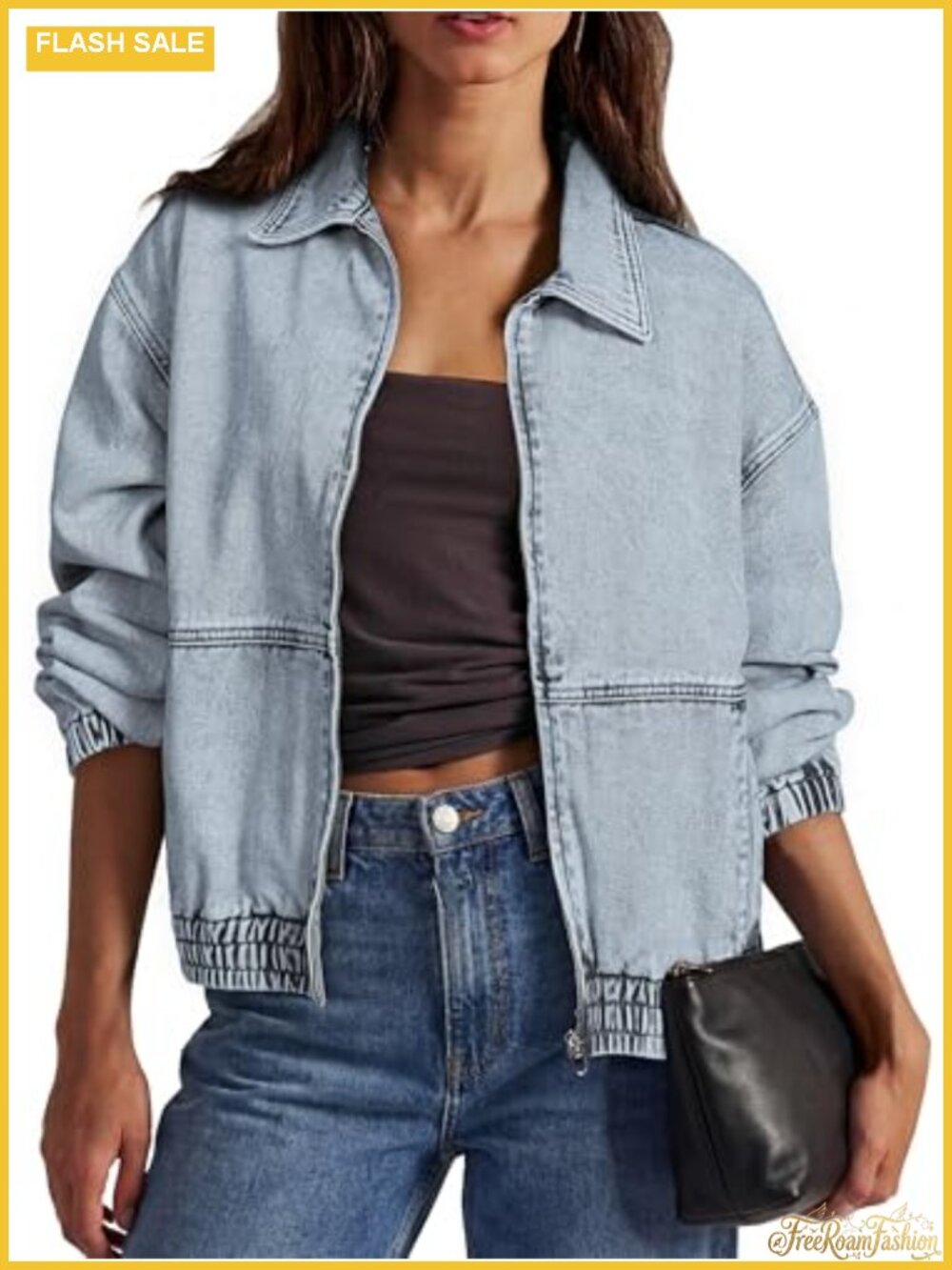 Oversized Denim Jacket Women Trendy Casual Zip Up Long Sleeve Cotton Blend